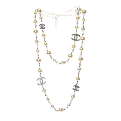 Chanel Crystal Pearl CC Long Necklace Silver 3 of 5