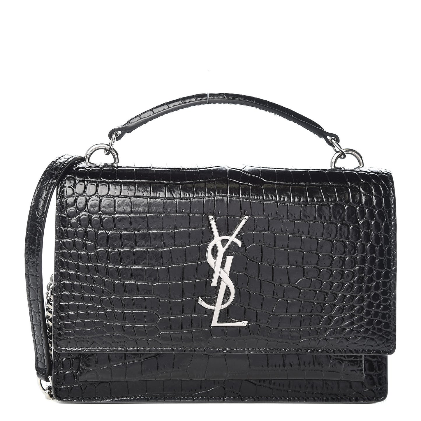 Calfskin Crocodile Embossed Monogram Sunset Chain Wallet Black