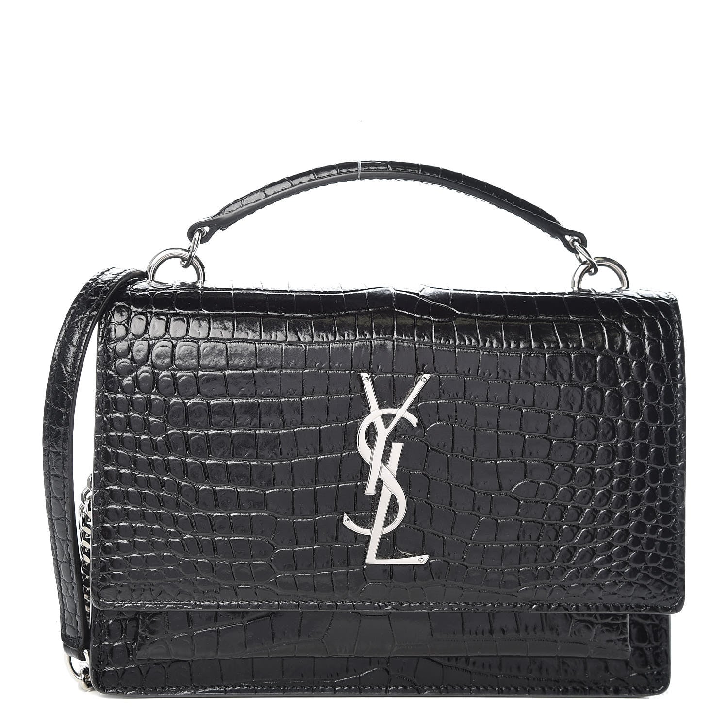 Saint Laurent Calfskin Crocodile Embossed Monogram Sunset Chain Wallet Black 1 of 12