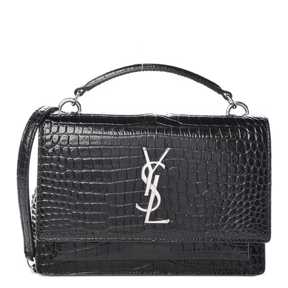 Saint Laurent Calfskin Crocodile Embossed Monogram Sunset Chain Wallet Black 1 of 12