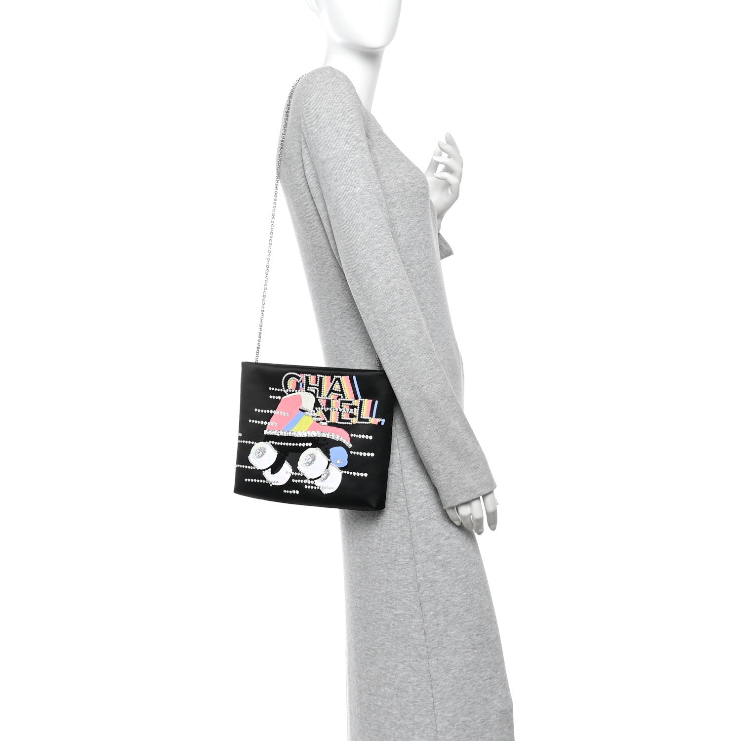 Chanel Satin Sequin Pearl Crystal Roller Skate Quilted Clutch With Chain Black Multicolor 2 of 11
