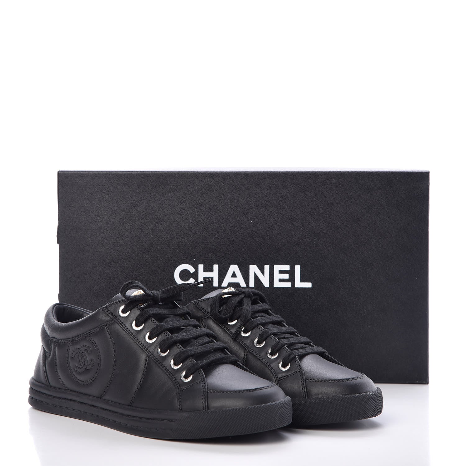 Chanel Oily Calfskin Pearl Low Top CC Sneakers 37.5 Black 9 of 9