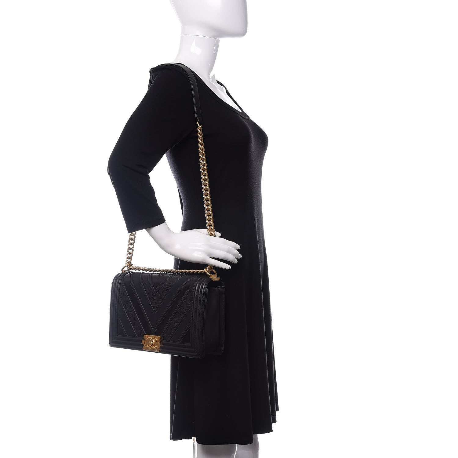Chanel Calfskin Caviar Suede Chevron New Medium Boy Flap Black 2 of 12