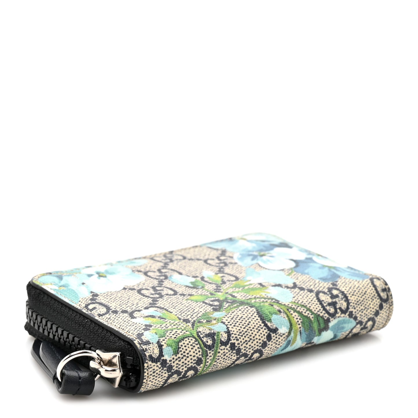 GG Supreme Monogram Blooms Zip Around Card Case Wallet Beige Blue Navy