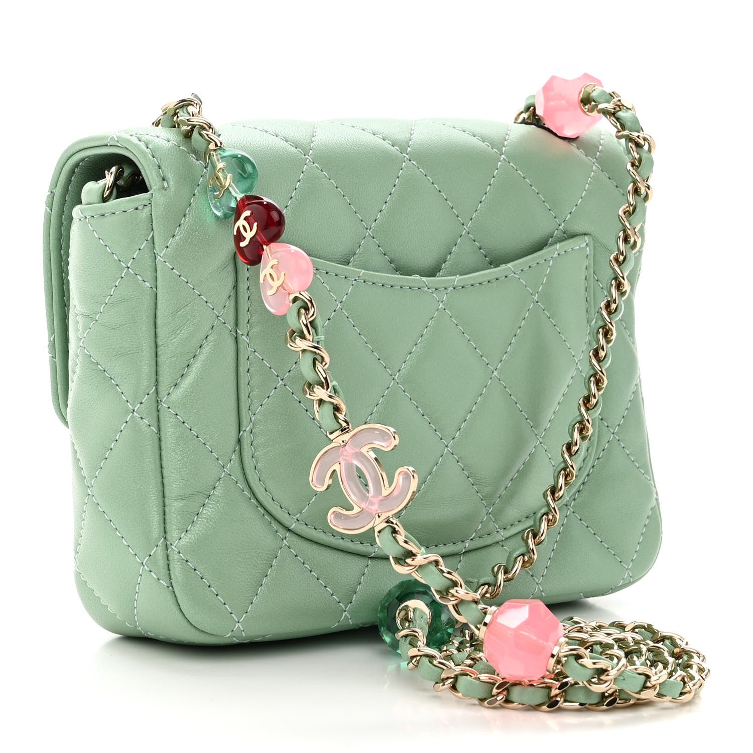 Chanel Lambskin Resin Quilted Mini Heart Square Flap Light Green 3 of 11