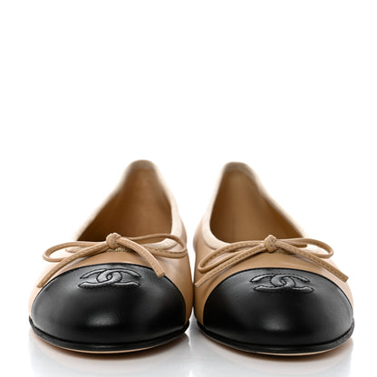 Chanel Lambskin Cap Toe CC Ballerina Flats 37 Beige Black 2 of 10