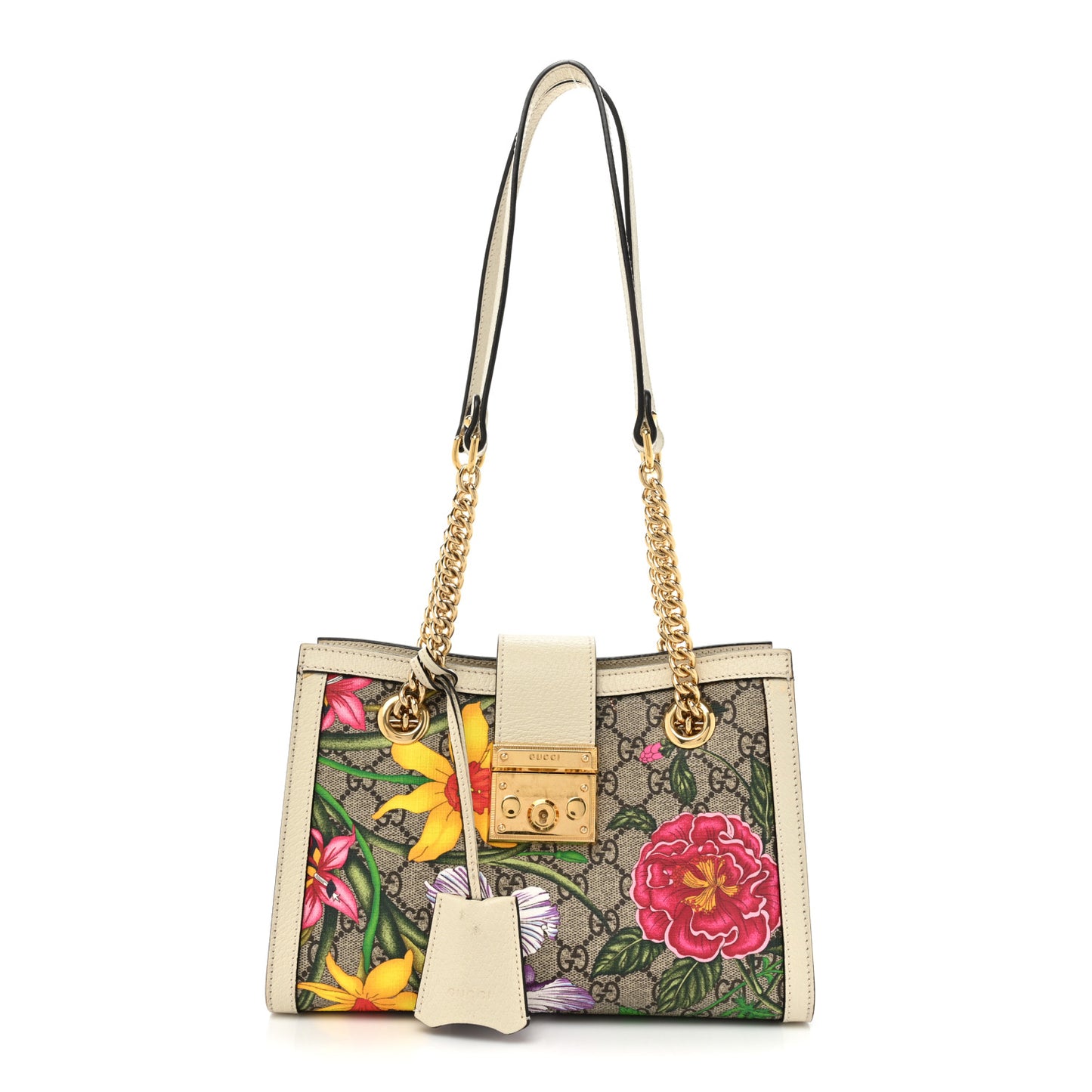 GG Supreme Monogram Flora Textured Calfskin Small Padlock Tote Beige Ebony Multicolor Mystic White