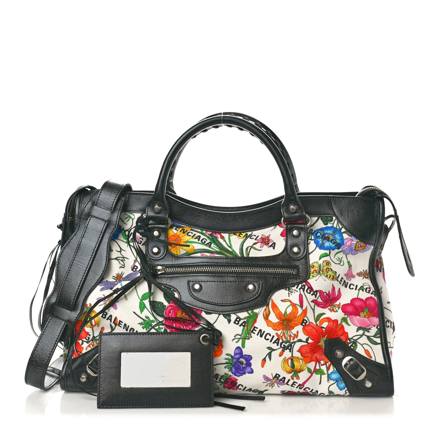 Balenciaga X GUCCI Canvas Azalea Calfskin Flora Logo Print Neo Classic Silver Hardware Medium City White Multicolor Black 3 of 11