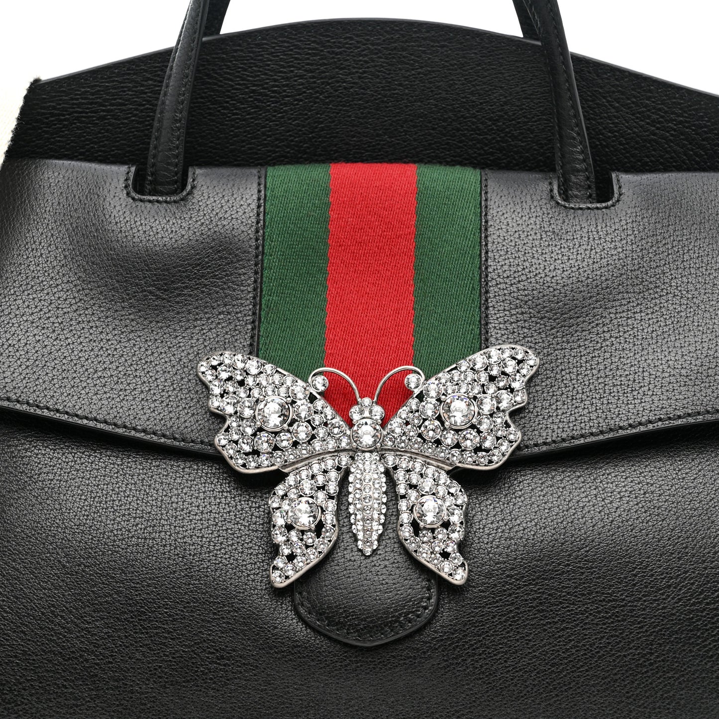 Grained Calfskin Web Crystal Butterfly Stripe Large Totem Top Handle Bag Black