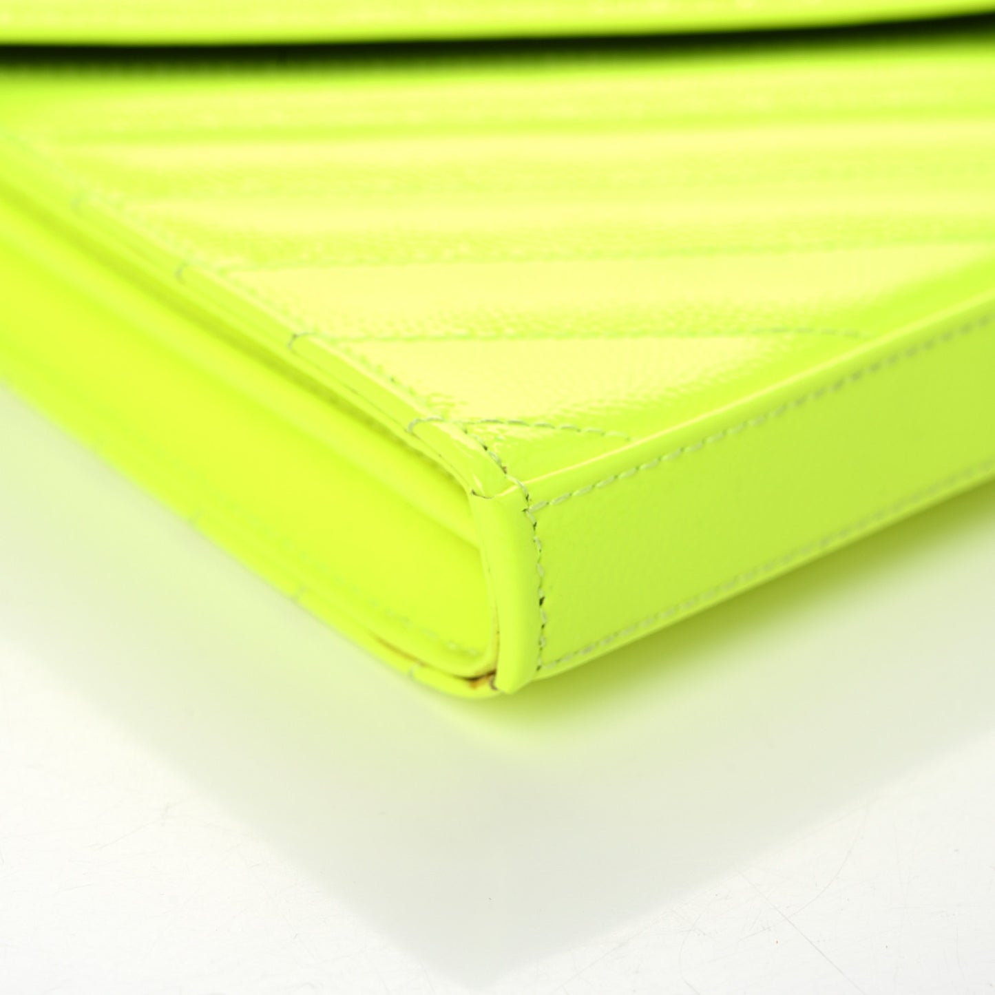 Patent Grain De Poudre Matelasse Chevron Monogram Chain Wallet Neon Yellow