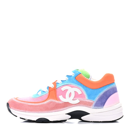 Chanel Fabric Calfskin Suede CC Womens Sneakers 38 White Multicolor 1 of 8