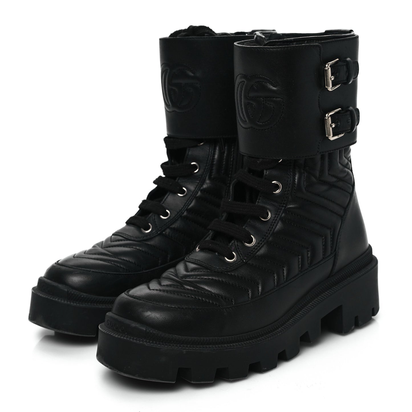 Nappa Frances GG Matelasse Platform Combat Boots 35.5 Black