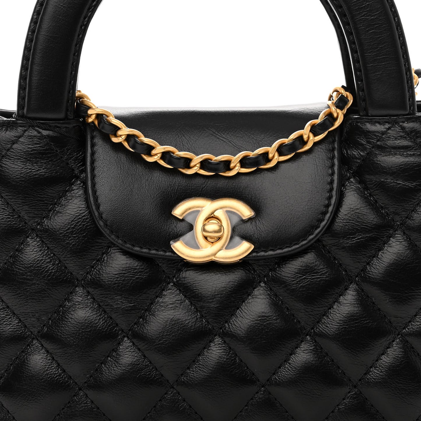 Shiny Aged Calfskin Quilted Nano Kelly Shopper Black