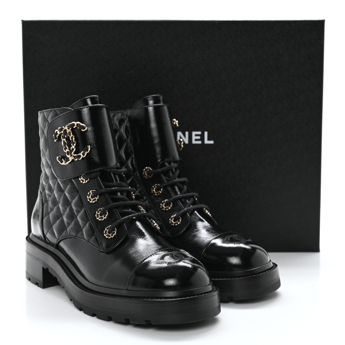 Shiny Calfskin Quilted Lace Up Combat Boots 39 Black