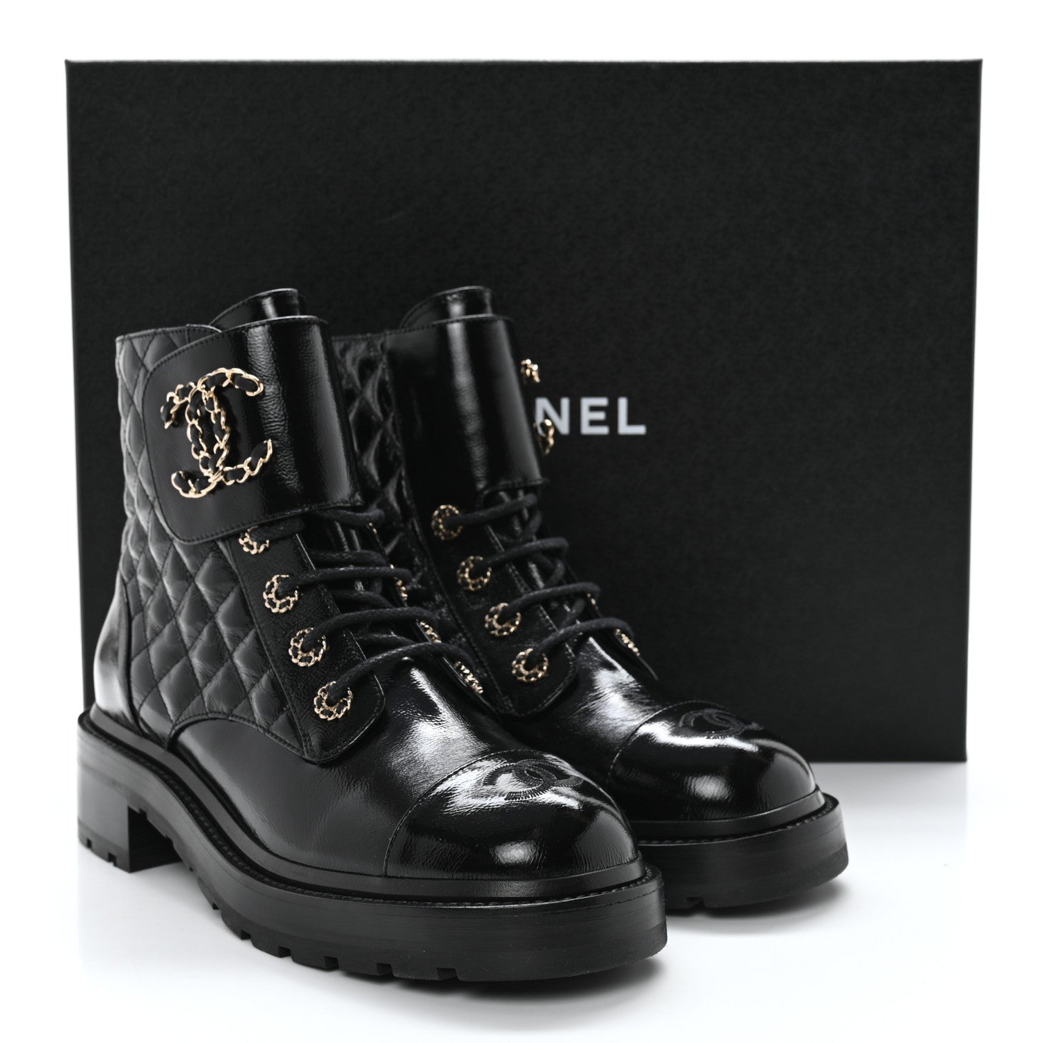 Chanel Shiny Calfskin Quilted Lace Up Combat Boots 39 Black 10 of 10