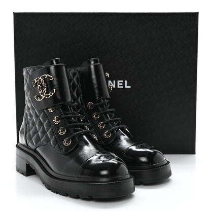Chanel Shiny Calfskin Quilted Lace Up Combat Boots 39 Black 10 of 10