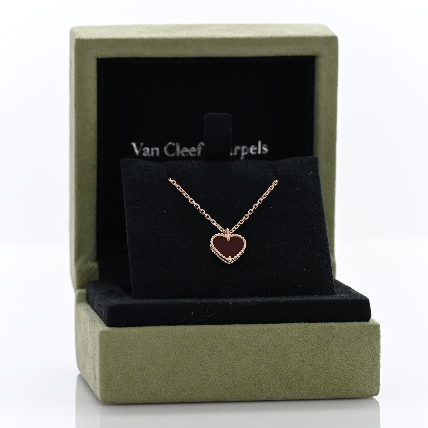 Van Cleef & Arpels 18k Rose Gold Carnelian Sweet Alhambra Heart Pendant Necklace 5 of 5