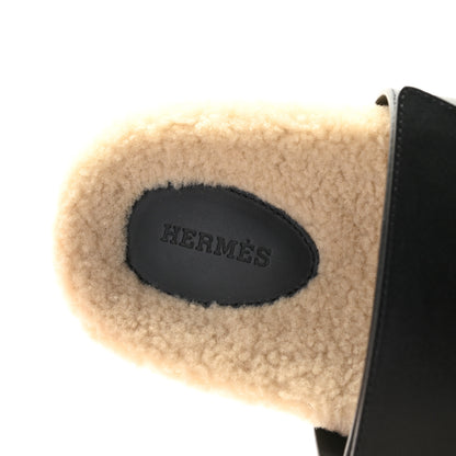 Hermes Veau Indios Woolskin Mens Chypre Sandals 43 Black Ecru 6 of 13