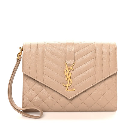 Saint Laurent Grain De Poudre Textured Mixed Matelasse Triquilt Monogram Clutch Dark Beige Dark Beige 1 of 8