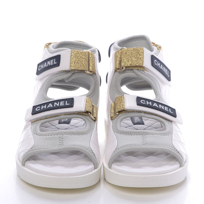 Chanel Goatskin Fabric Gladiator Sandals 37.5 White Light Grey Navy Blue 4 of 10