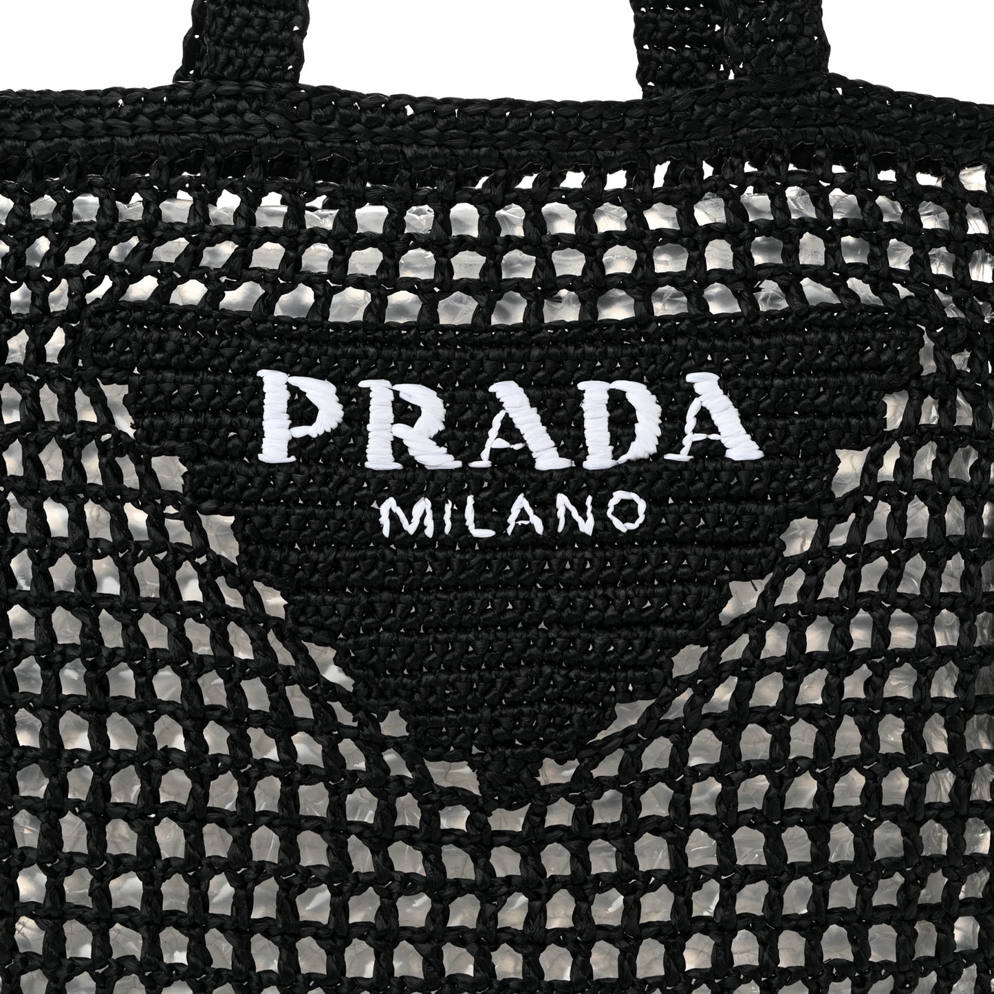 Yarn Raffia Effect Crochet Logo Embroidered Tote Bag Black