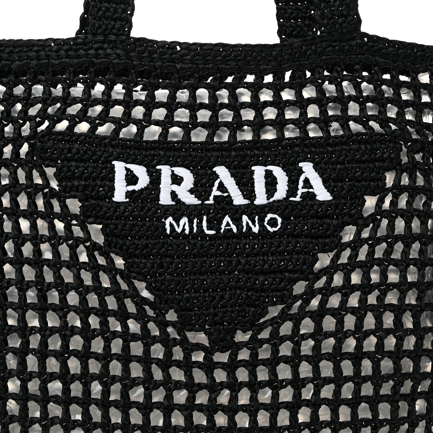 Prada Yarn Raffia Effect Crochet Logo Embroidered Tote Bag Black 7 of 9