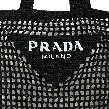 Prada Yarn Raffia Effect Crochet Logo Embroidered Tote Bag Black 7 of 9