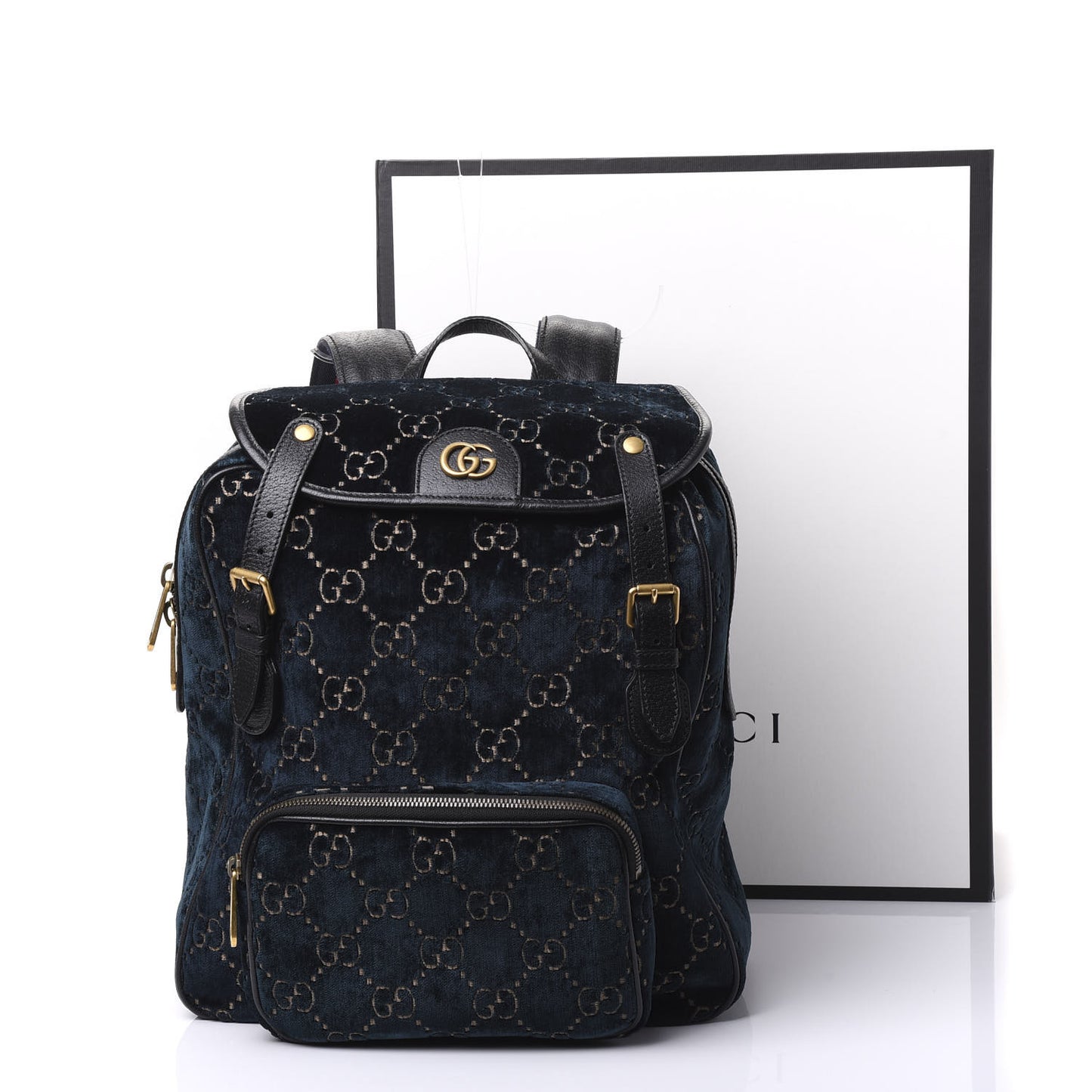 Velvet GG Monogram Textured Calfskin Web Small Double Buckle Backpack Blue Beige Black