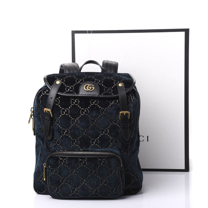 Gucci Velvet GG Monogram Textured Calfskin Web Small Double Buckle Backpack Blue Beige Black 12 of 12