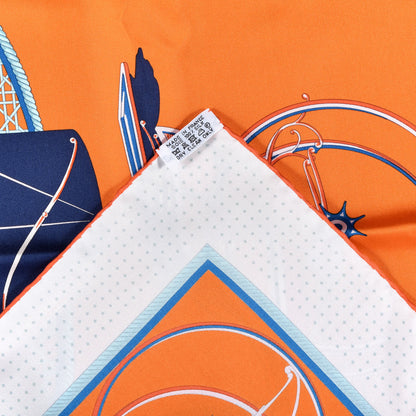 Hermes Silk Les Voitures A Transformation Scarf 90 Orange White Bleu 6 of 6