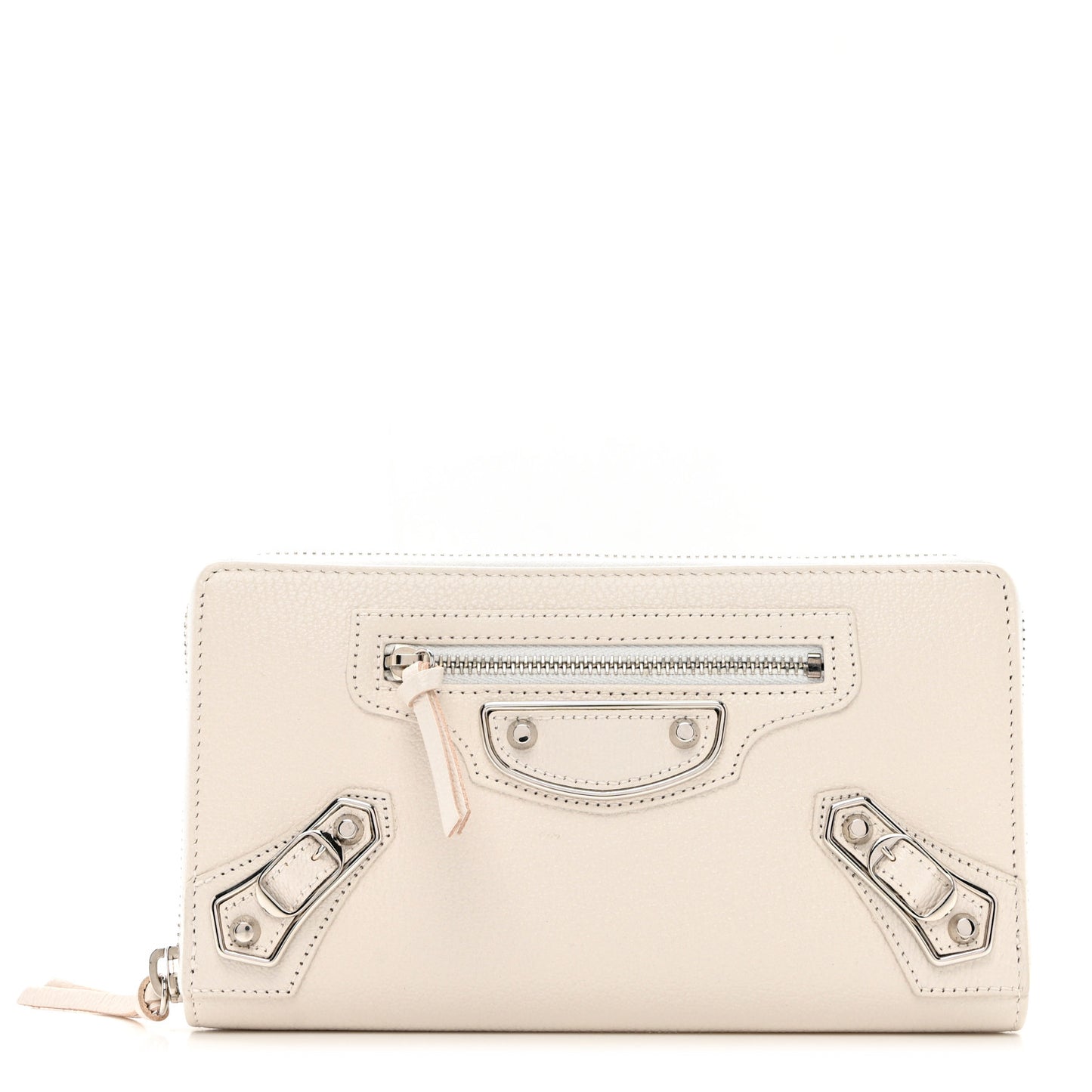 Chevre Silver Metallic Edge Hardware Zip Around Wallet Blanc Neige