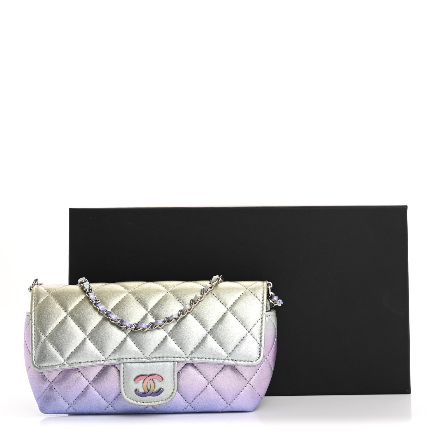 Chanel Gradient Metallic Calfskin Quilted Glasses Case With Chain Silver Blue Yellow Purple 13 of 13
