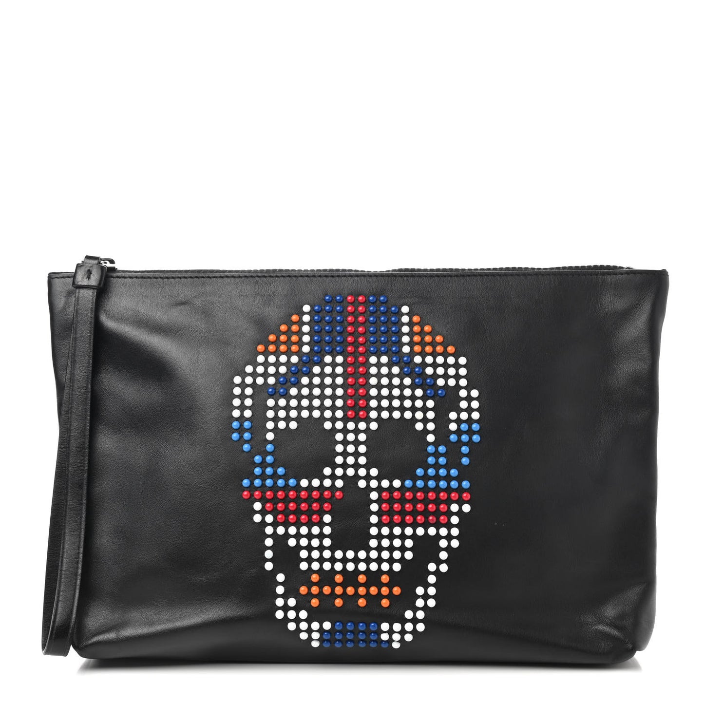 Calfskin Studded Unio Jack Skull Zipped Pouch Black