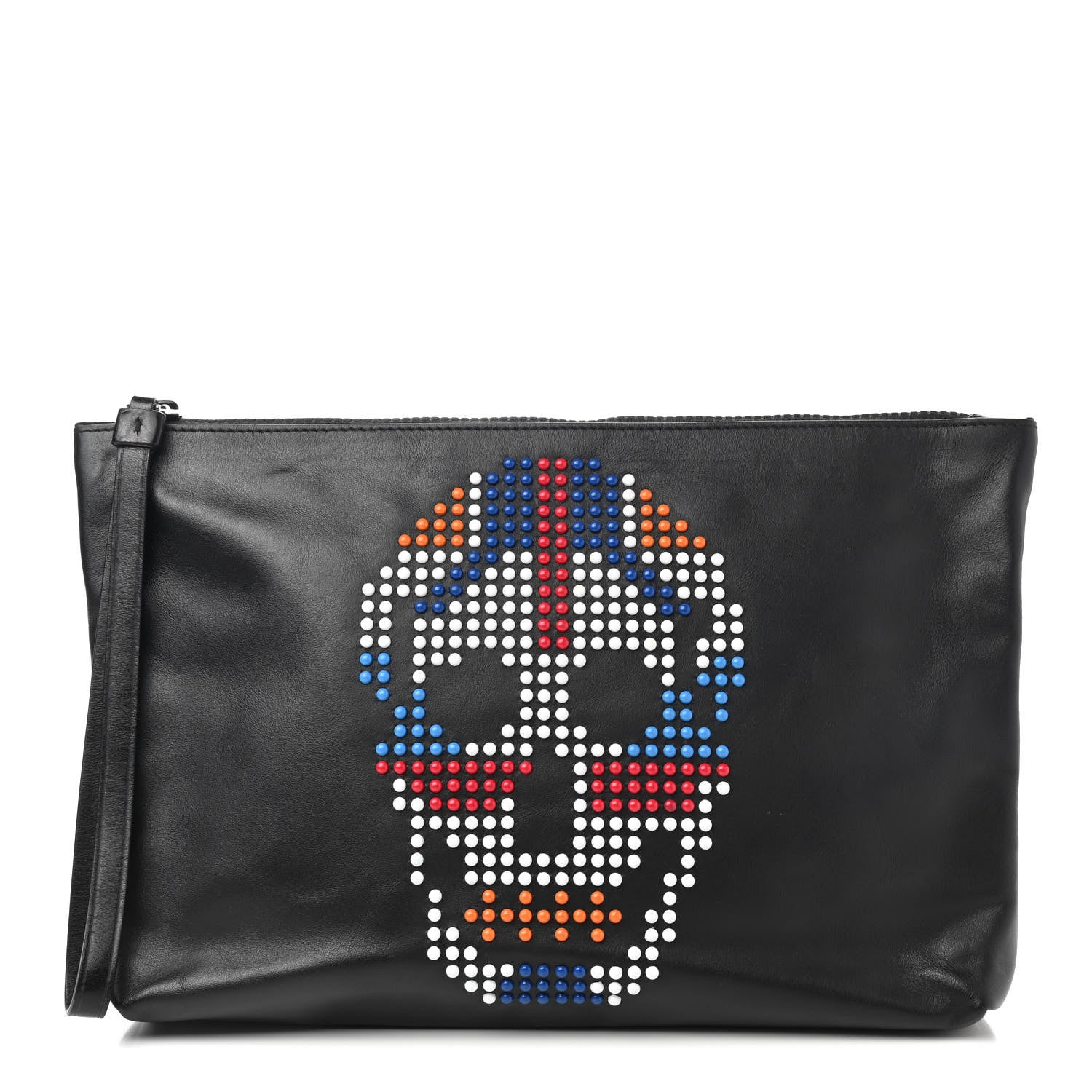 Alexander McQueen Calfskin Studded Unio Jack Skull Zipped Pouch Black 1 of 7
