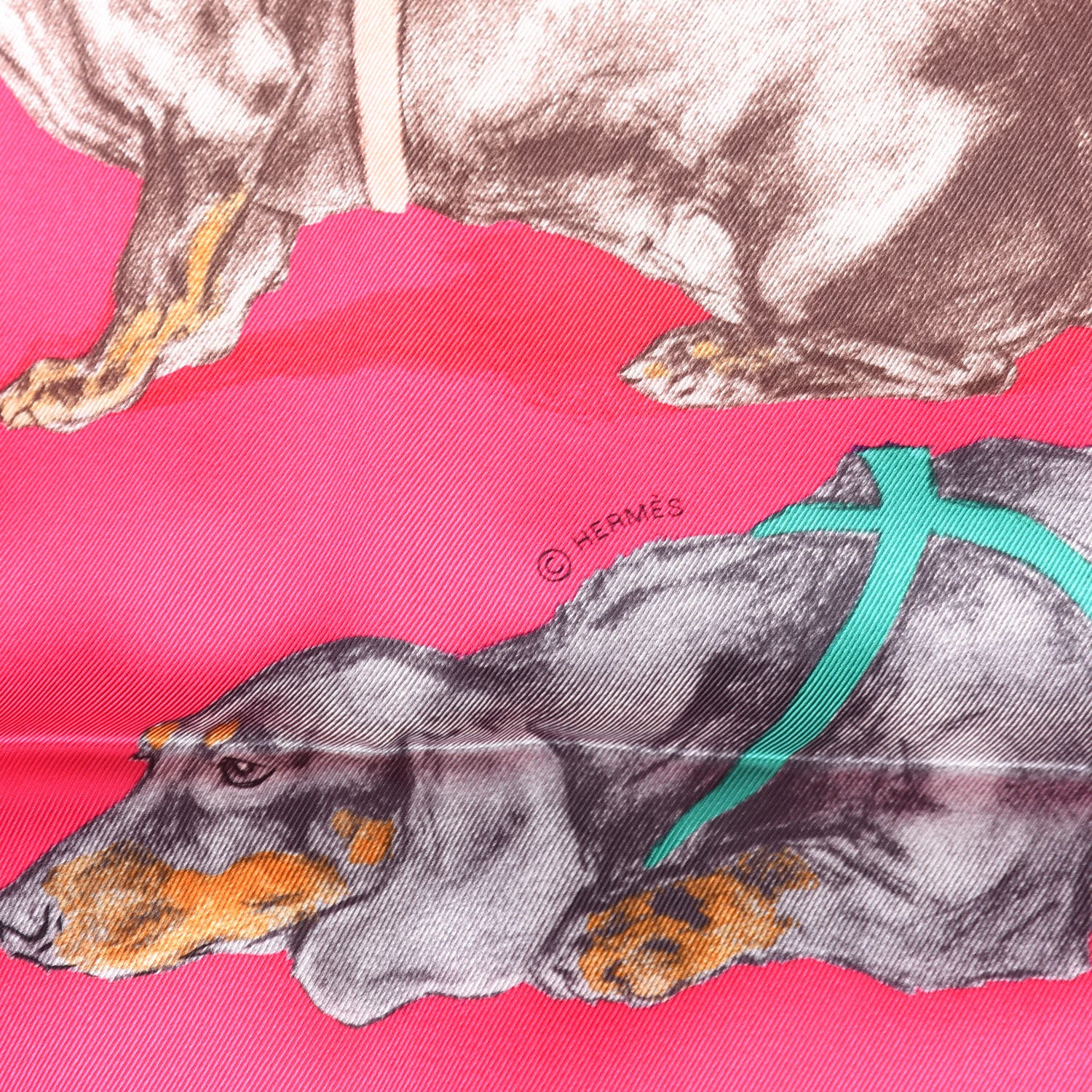 Hermes Silk Les Bassets Scarf 70 Fuchsia Etoupe Vert 4 of 4
