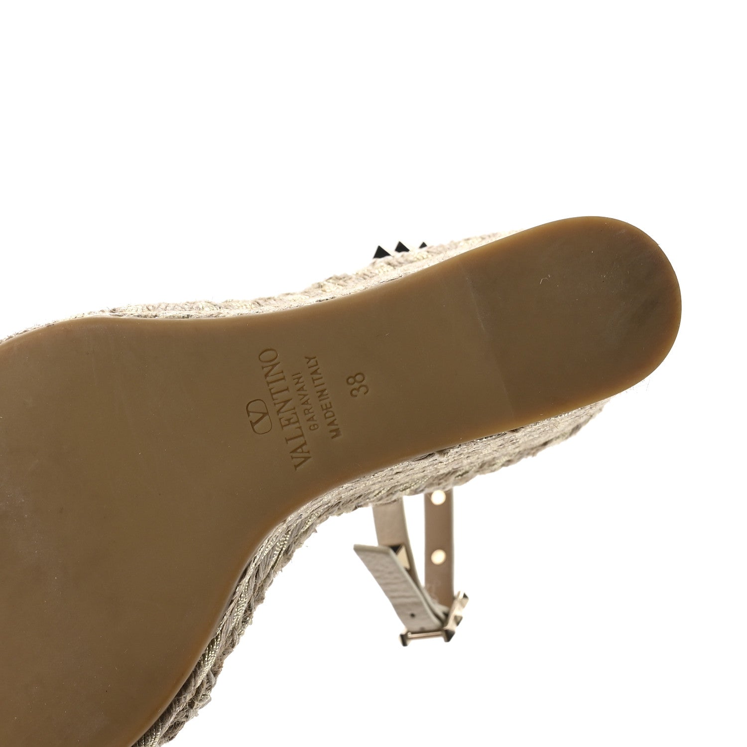Valentino Garavani Grained Calfskin Rockstud Ankle Strap Espadrille 15/105mm Wedge Sandals 38 Light Ivory Natural 7 of 8