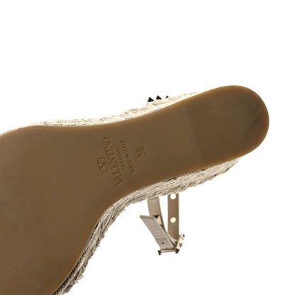 Valentino Garavani Grained Calfskin Rockstud Ankle Strap Espadrille 15/105mm Wedge Sandals 38 Light Ivory Natural 7 of 8