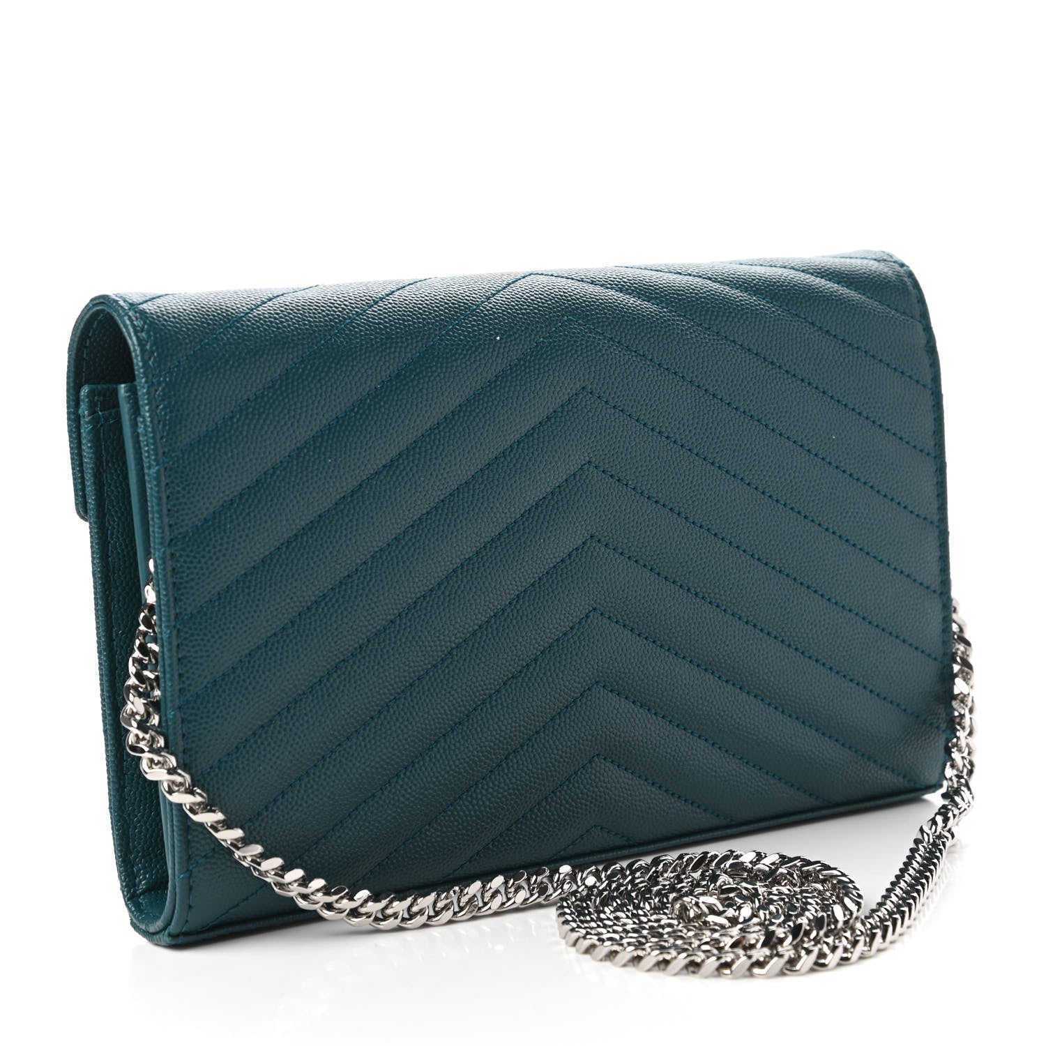 Saint Laurent Grain De Poudre Matelasse Chevron Monogram Chain Wallet Petrol Green 3 of 11