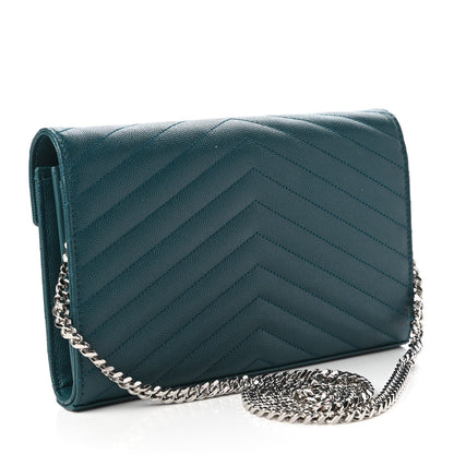 Saint Laurent Grain De Poudre Matelasse Chevron Monogram Chain Wallet Petrol Green 3 of 11