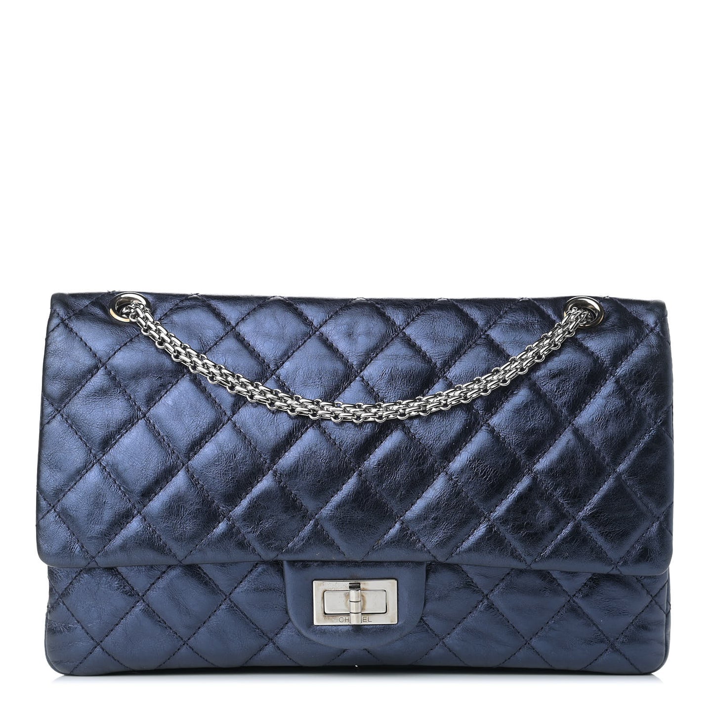 Metallic Aged Calfskin Quilted 2.55 Reissue 227 Flap Dark Navy Blue