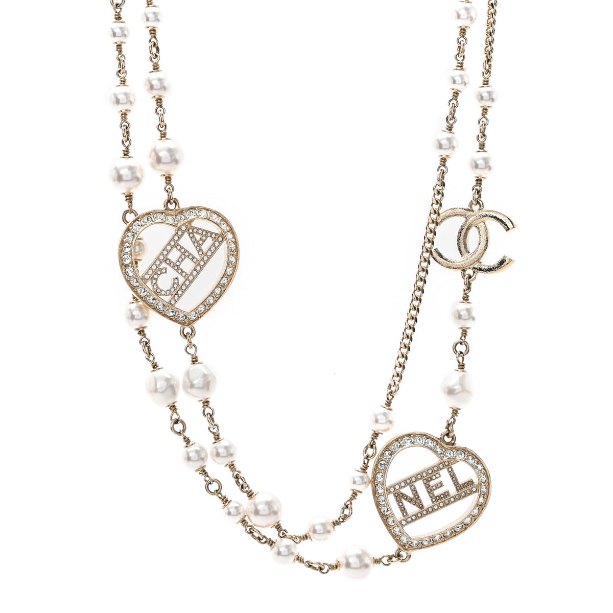 Chanel Crystal Pearl Heart CC Long Necklace Gold 1 of 5