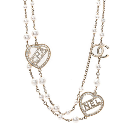 Chanel Crystal Pearl Heart CC Long Necklace Gold 1 of 5