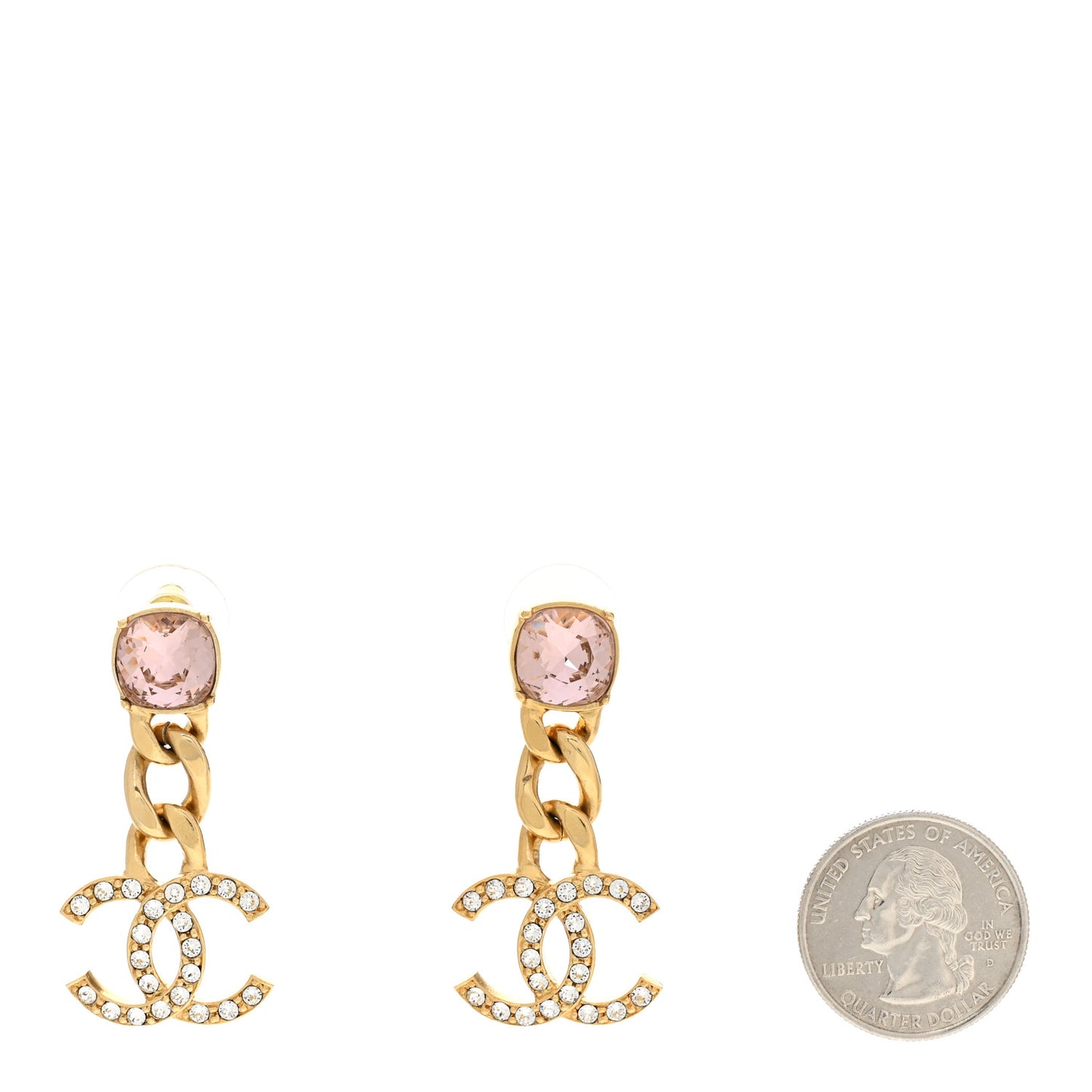 Glass Crystal CC Chain Drop Earrings Pink Gold