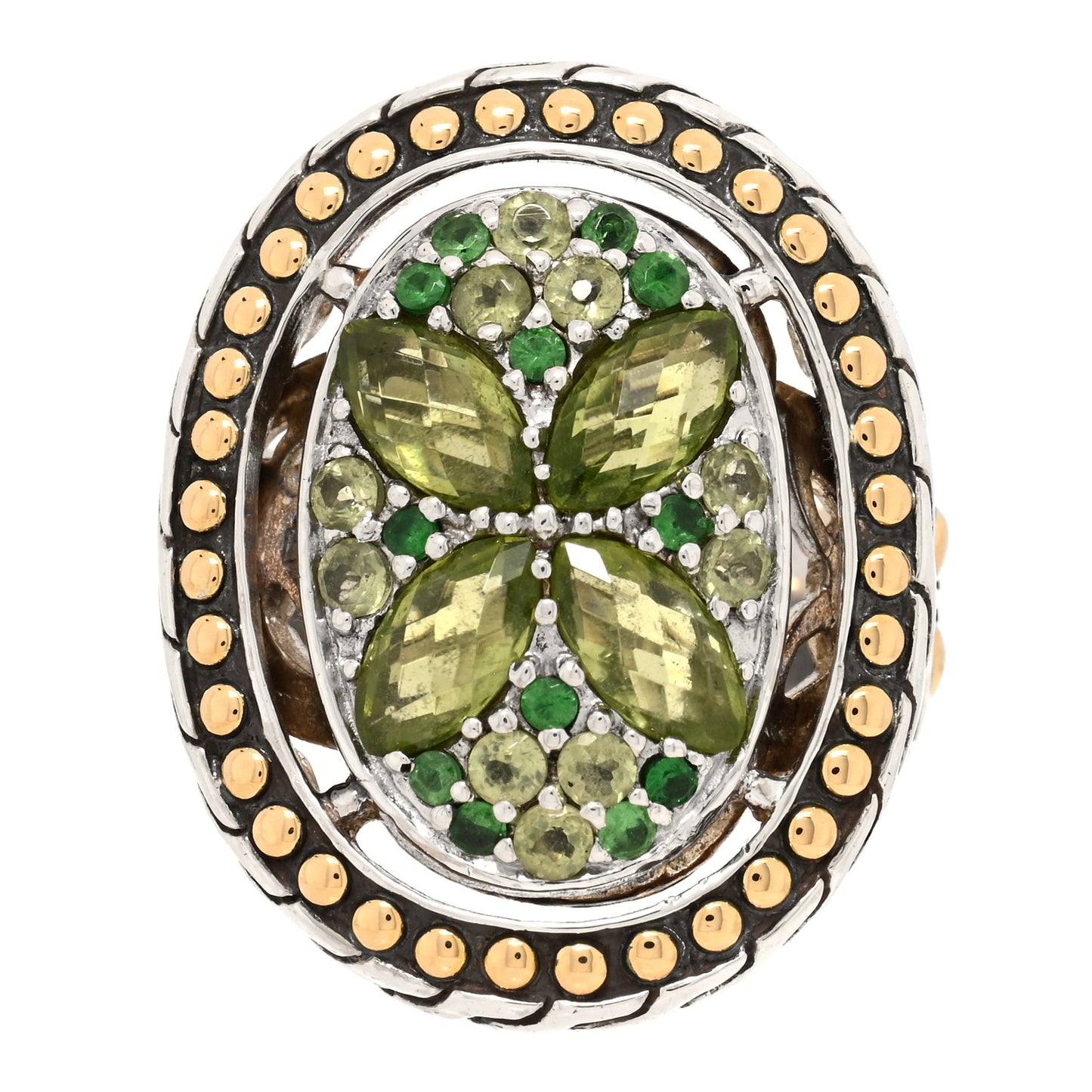 Sterling Silver 18K Yellow Gold Peridot Tsavorite Batu Kawung Ring 50 5.5
