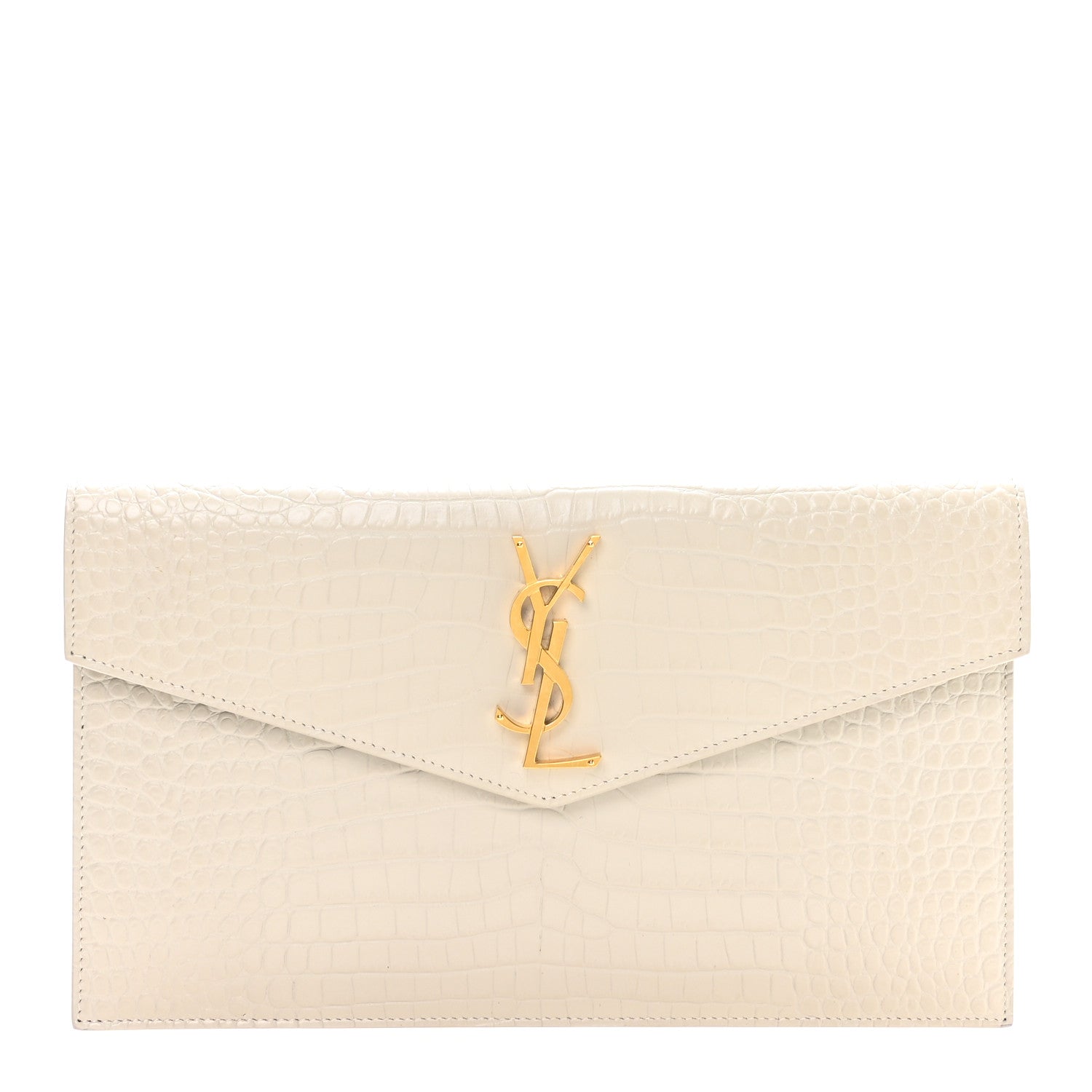 Saint Laurent Calfskin Crocodile Embossed Uptown Monogram Pouch Crema Soft 1 of 8