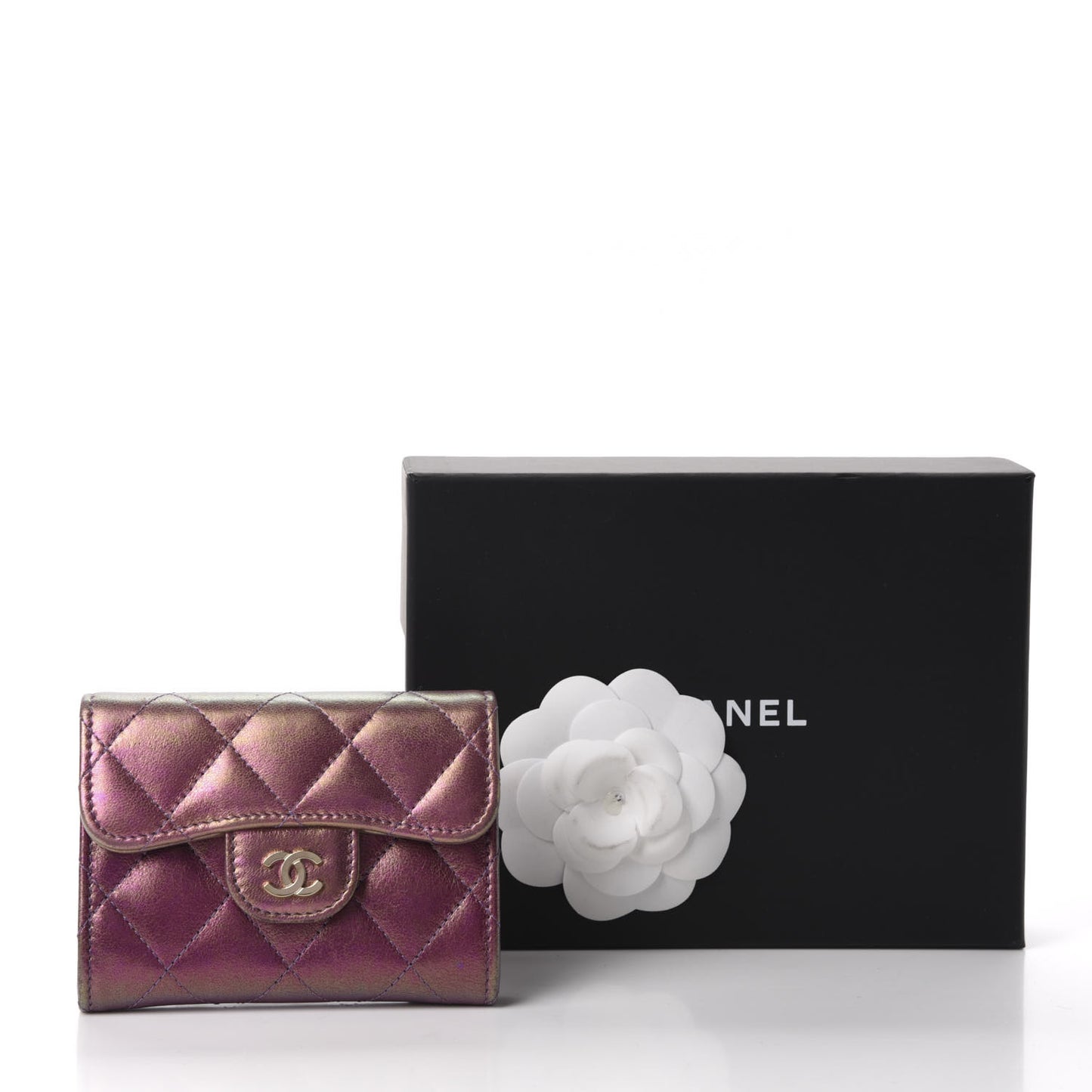 Iridescent Lambskin Quilted Flap Card Holder Purple