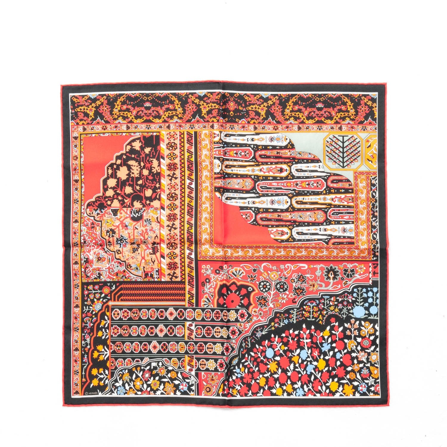 Hermes Silk Gavroche Tapis Persan Zoom Pocket Square Scarf Rouge Orange Black 1 of 7