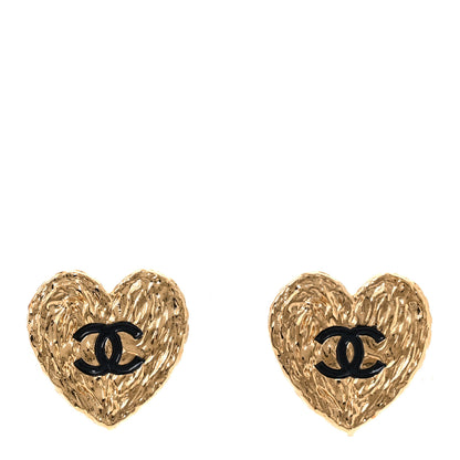Chanel Metal Enamel CC Heart Clip On Earrings Gold Black 1 of 4
