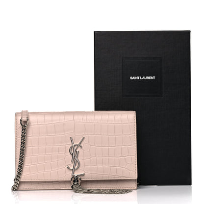 Saint Laurent Calfskin Crocodile Embossed Kate Monogram Tassel Chain Wallet Powder Pink 15 of 15