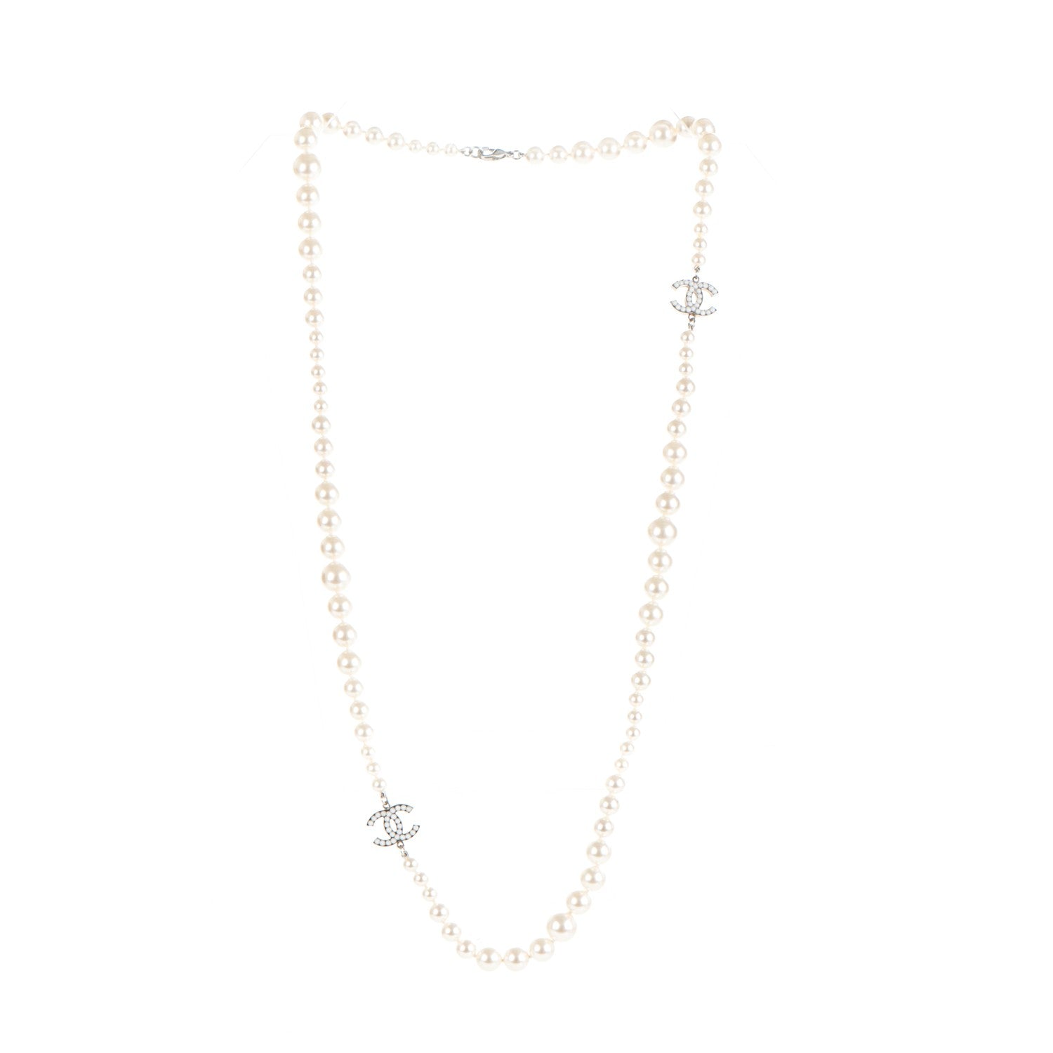 Chanel Graduated Pearl CC Long Necklace Silver 3 of 5